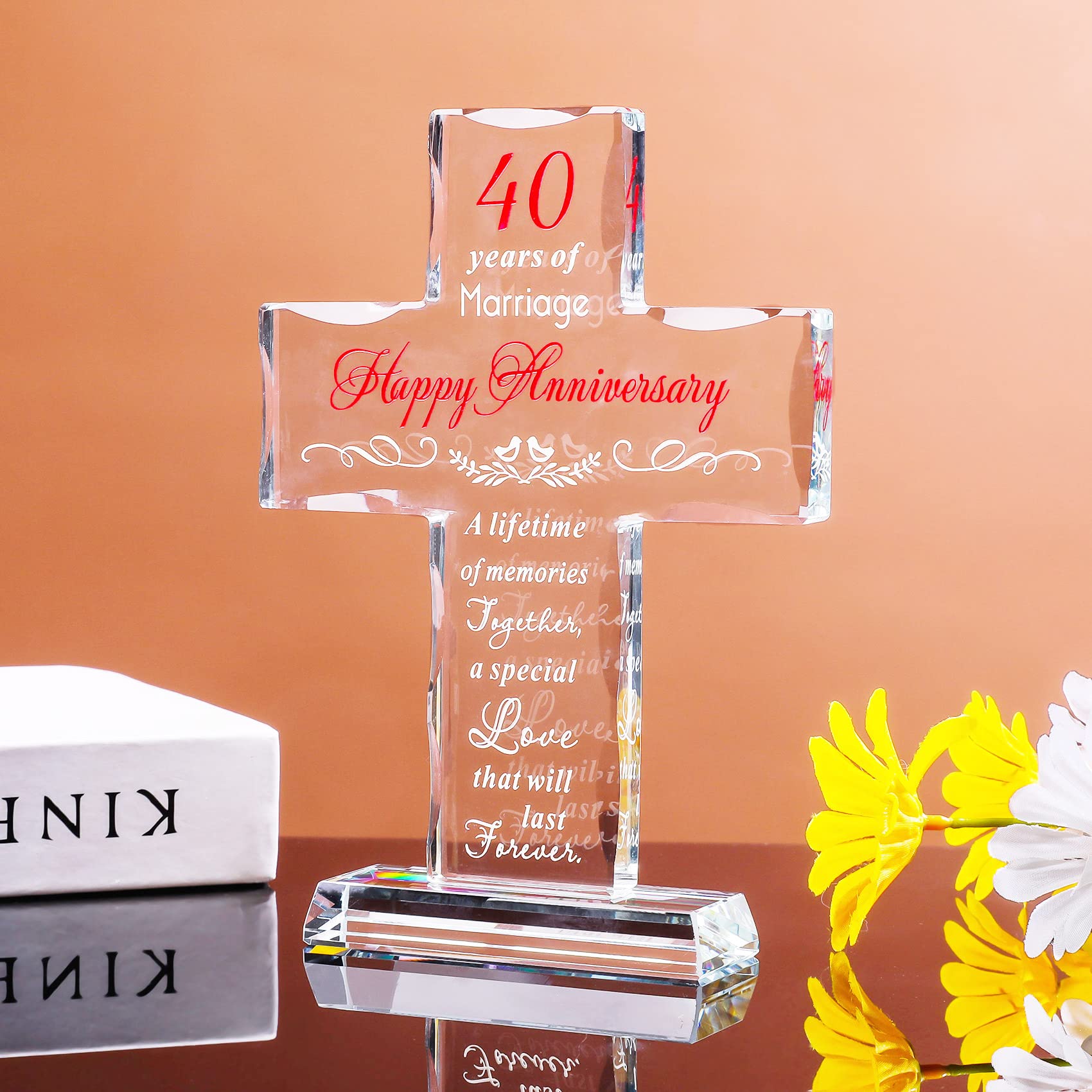 Movdyka 40th Ruby Wedding Anniversary Cross Gifts for Parents, 40 Years of Marriage Glass Keepsake for Couple