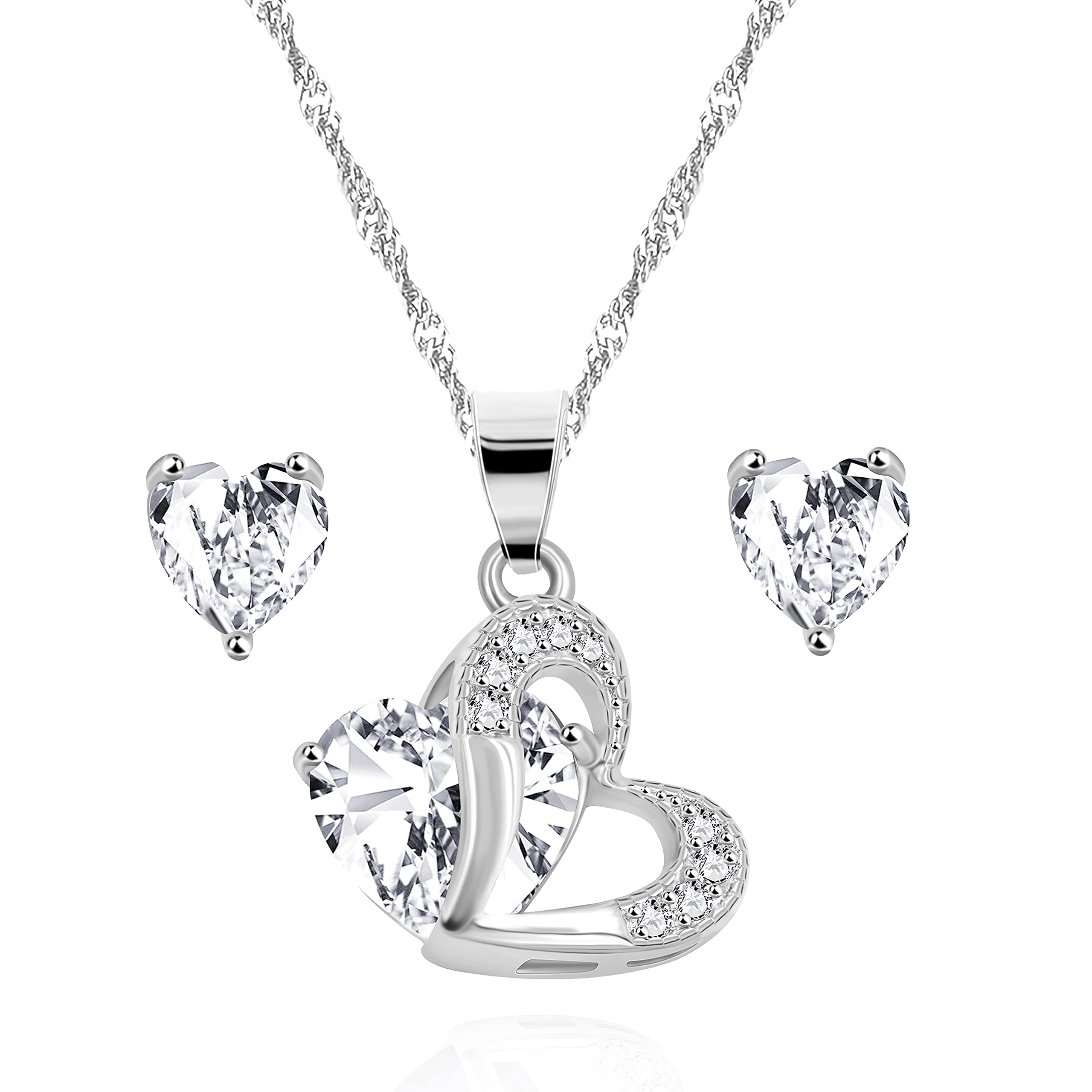 Uloveido Silver Tone Crystal Heart Pendant Necklace and Stud Earrings Set Infinity Bridal Bridesmaid Jewelry for Women Y1178 (White)