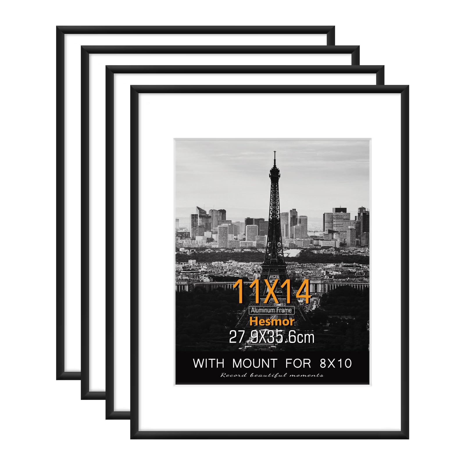 Hesmor Picture Frames 11 x 14 inch Aluminum Acrylic Picture Frame in Black, Set of 4 Photo Frames for Table Top and Wall Mounting with Mount for 8 x 10 inch Prints