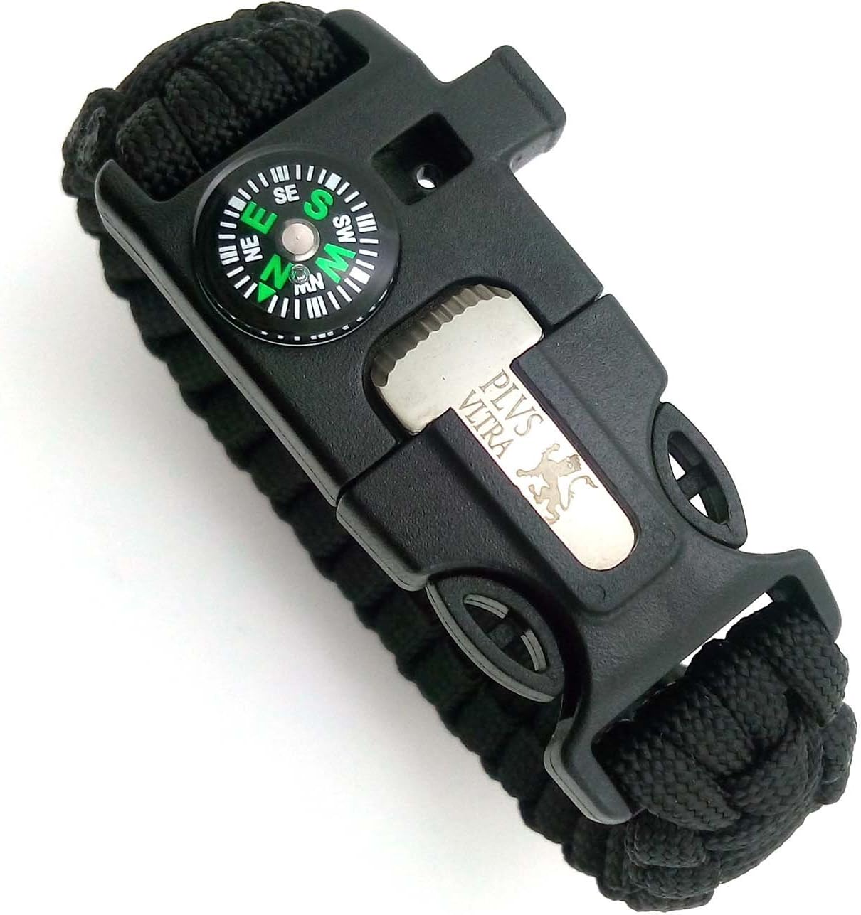 Plus Ultra Military Style Paracord Compass Firestarter Survival Bracelet Black | Flint Fire Starter Scraper Knife Whistle for Outdoor Hunting Hiking Camping Boating Fishing and Emergency