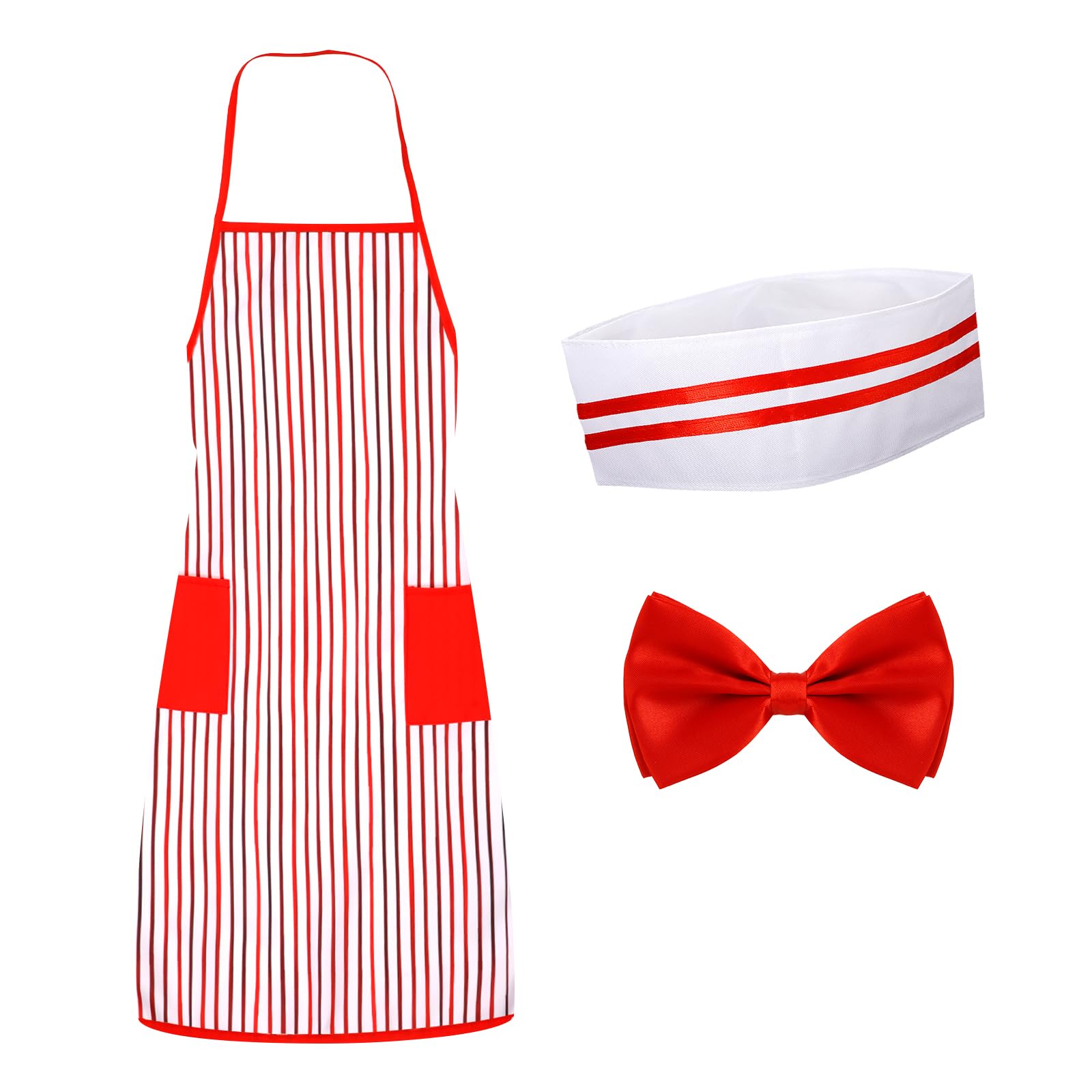 Mikovivi 1950s Waiter Costume Kit, Soda Jerk Costume Includes Red and White Striped Apron Chef Hat Bow Tie Carnival Costume for Adult Movie Night Cosplay Party