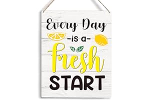 YCYD Kitchen Lemon Decor Every Day Is A Fresh Start Wooden Hanging Sign Funny Lemon Sign for Kitchen Counter Pool Bar Wall Decor 10x8 Inches Farmhouse Lemon Wood Sign for Home Office