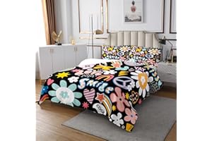 Erosebridal Groovy Flower Coverlet Set Queen for Kids Boys,Cartoon Rainbow Stars Daisy Peace Sign Quilt Set Cute Room Decor for Teen Girls,Hippie Aesthetic Funny Bedspread Set Y2K Decor Bed Cover