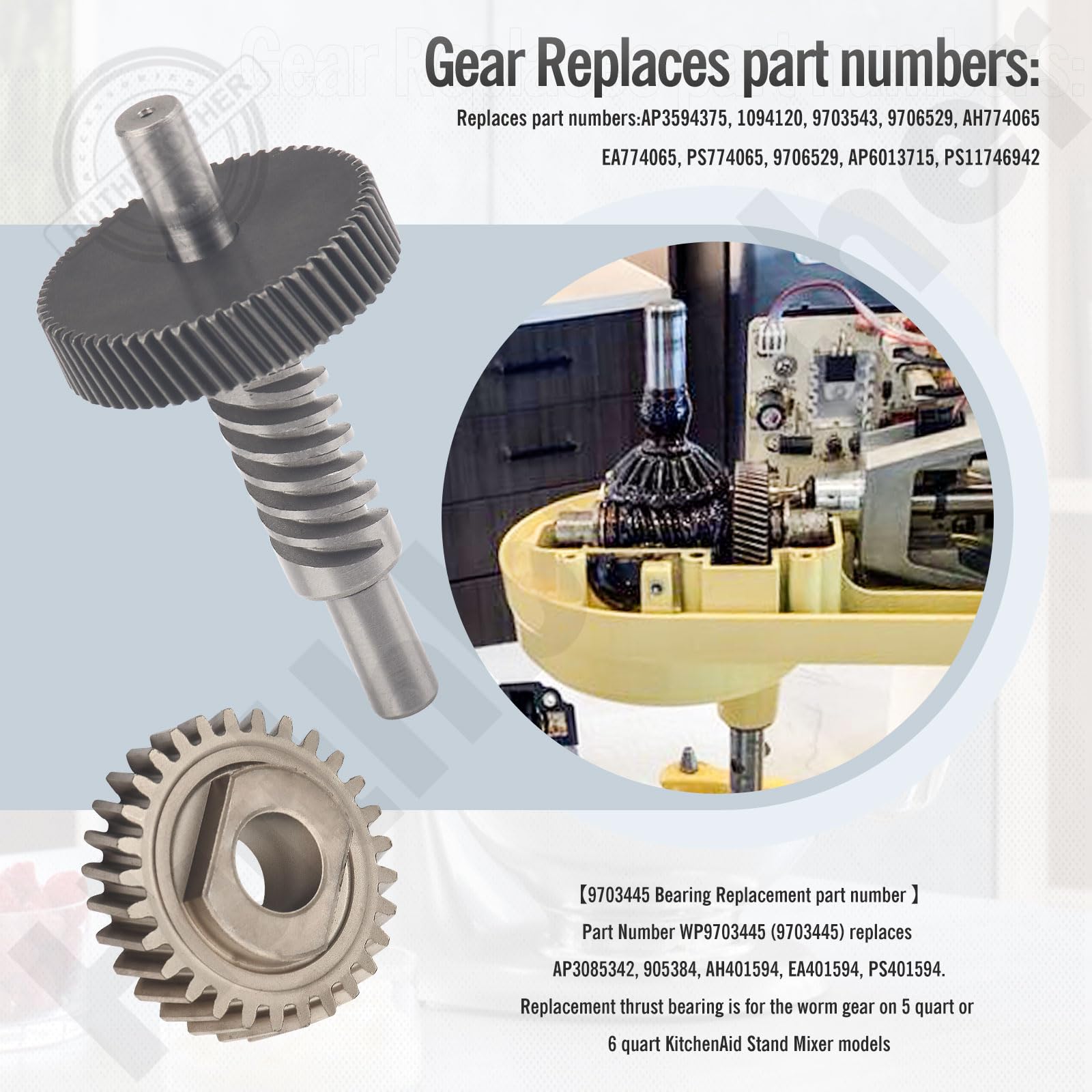 HuthBrother Worm Gear Kit Compatible With Whirlpool 5QT&6QT 9709231 Replacement Gear Parts with 9703445 Bearing & Gear 9706529 with the 9709511 Gasket and 9703680 Circlip & 1.8 OZ Food Grade Grease