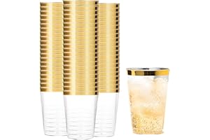 Tebery 100 Pack Gold Rimmed Plastic Cups, 12oz Clear Plastic Wedding Cups for Reception, Sturdy Reusable Elegant Party Tumble