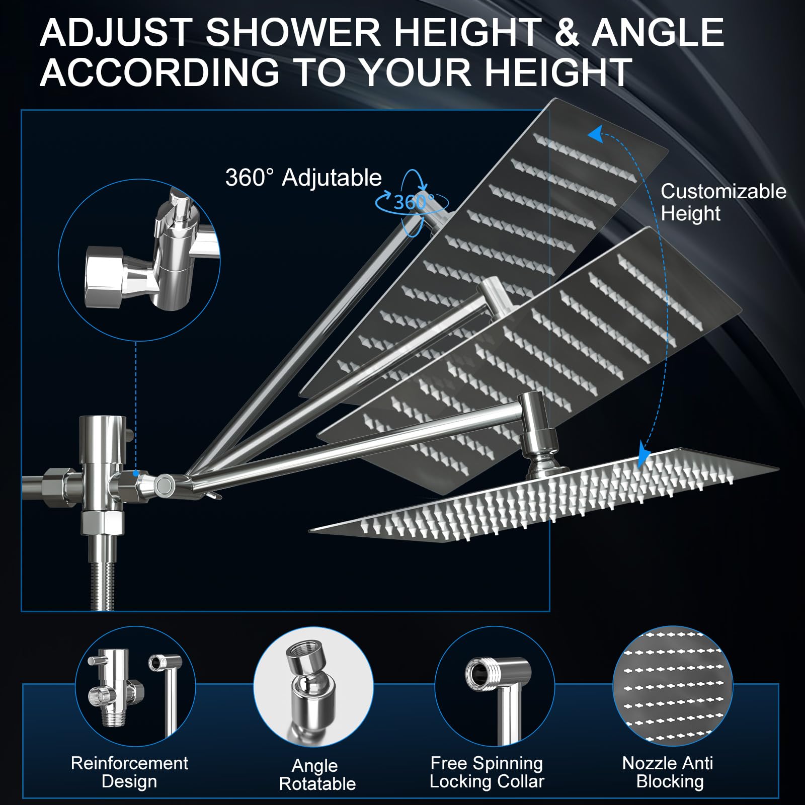 Shower Head, Rain Shower Head with Handheld Spray Combo, 10 Inch Adjustable High Pressure Rainfall Shower Head, Dual Showerhead Set with Extension Arm and 60 Inch Long Shower Hose (Silver)