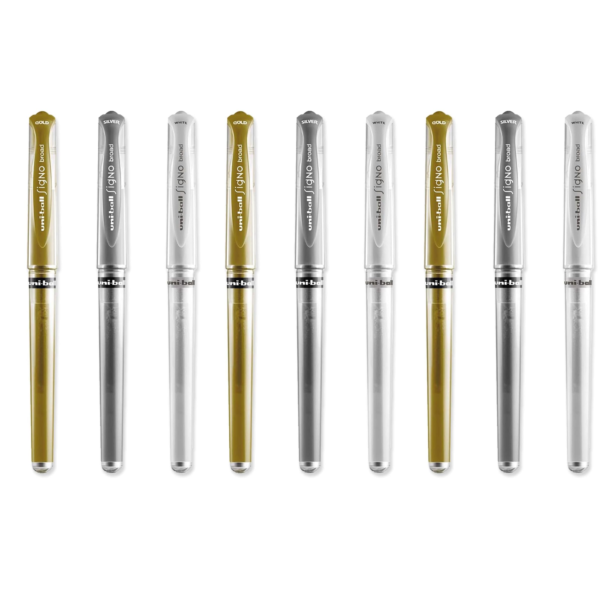 Uni Ball Assorted Colour Pack Signo Pen Broad Metallic Gel Ink UM-153 3 of each Colour - Gold Silver White (9 Pens)