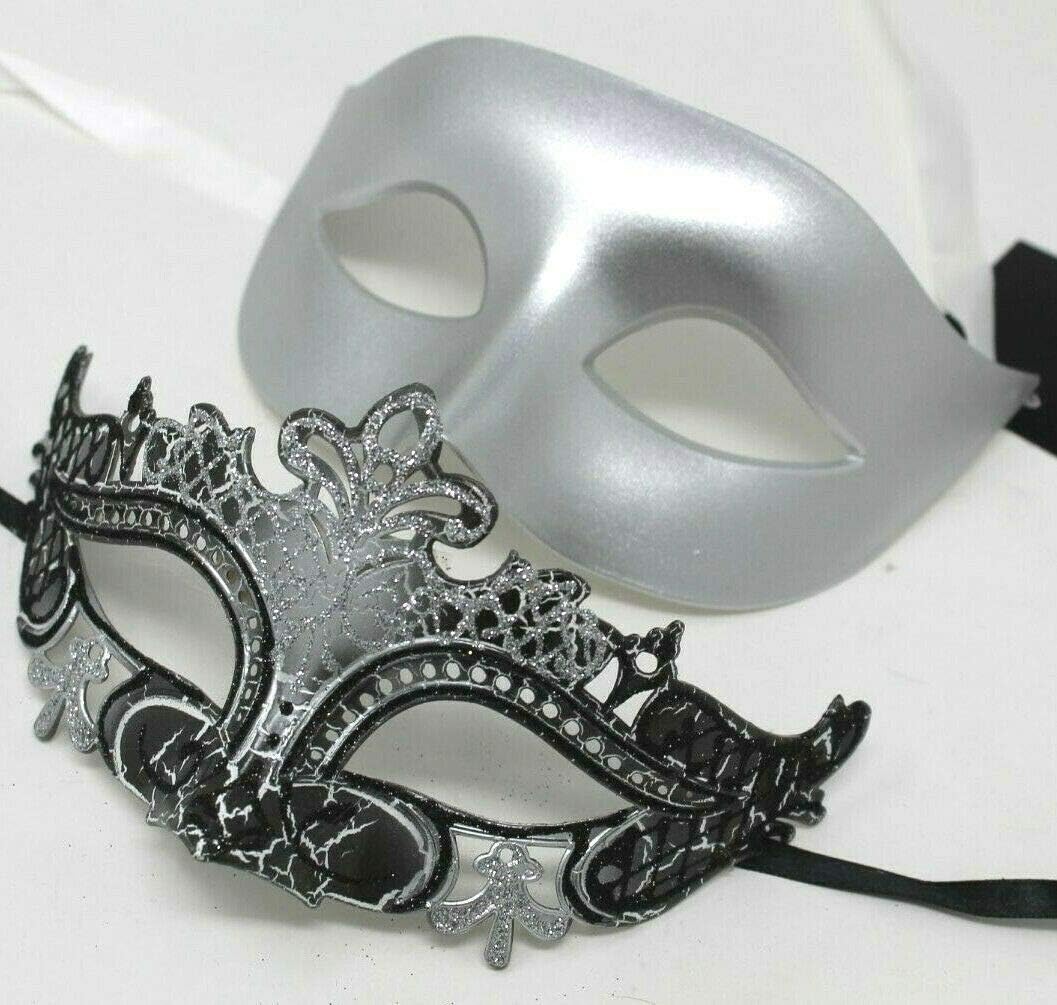 HIS N HERS PAIR OF CO-ORDINATED SILVER & BLACK COUPLES VENETIAN MASQUERADE CARNIVAL PARTY BALL EYE MASKS, Silver Black, 8cm deep - Image 5
