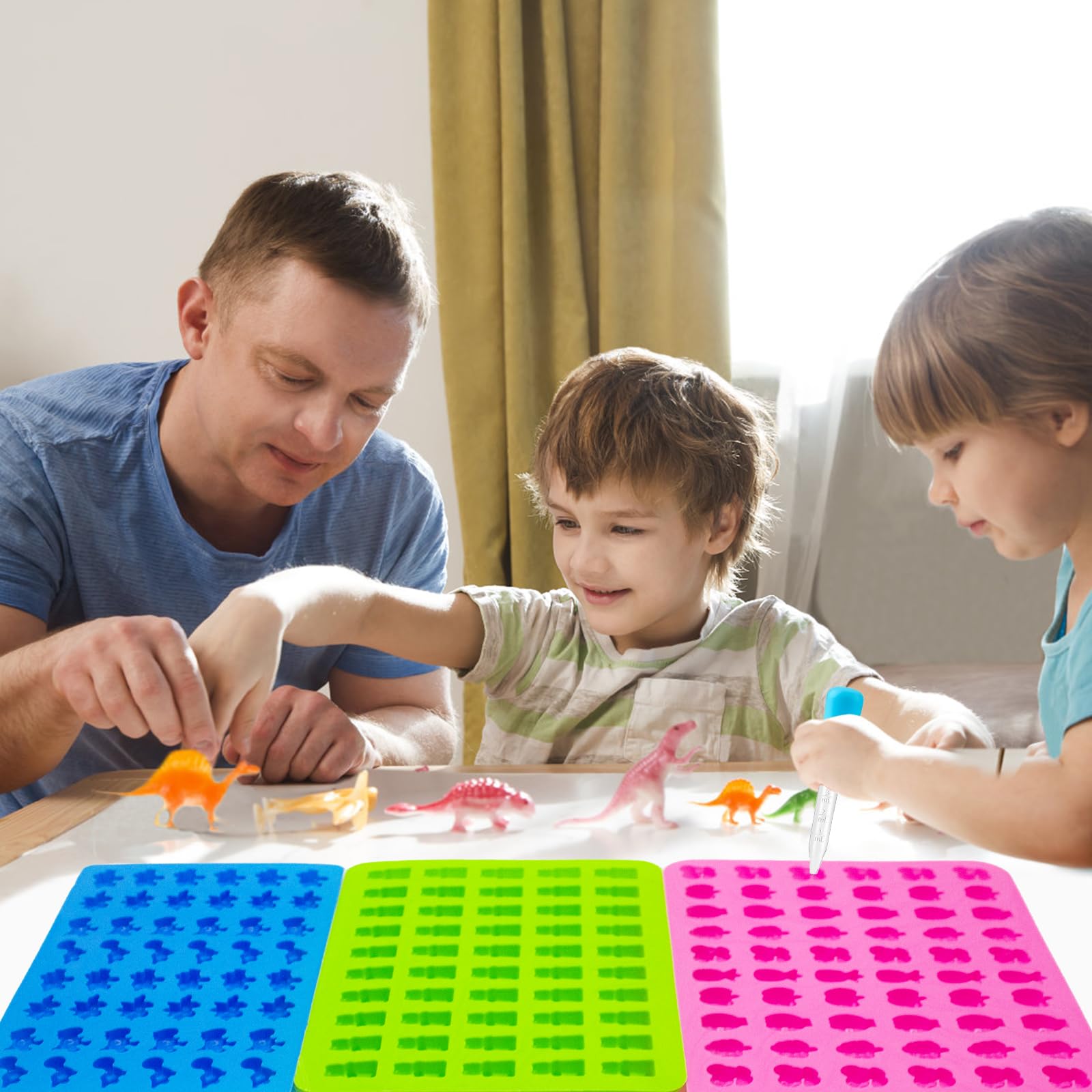 Gummy Candy Molds - Silicone Mini Gummy Bear/Dinosaur/Fruit Snack Molds for Kids With 2pcs Dropper,Non-stick and Bpa Free for Candy Chocolate Gummies Baking
