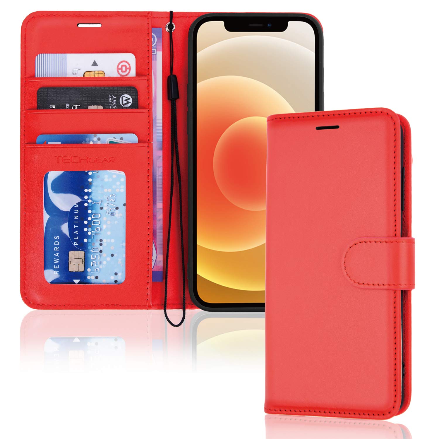 TECHGEAR iPhone 12 / iPhone 12 Pro Leather Wallet Case, Flip Protective Case Cover with Wallet Card Holder, Stand and Wrist Strap - Red PU Leather with Magnetic Closure for iPhone 12/12 Pro 6.1"