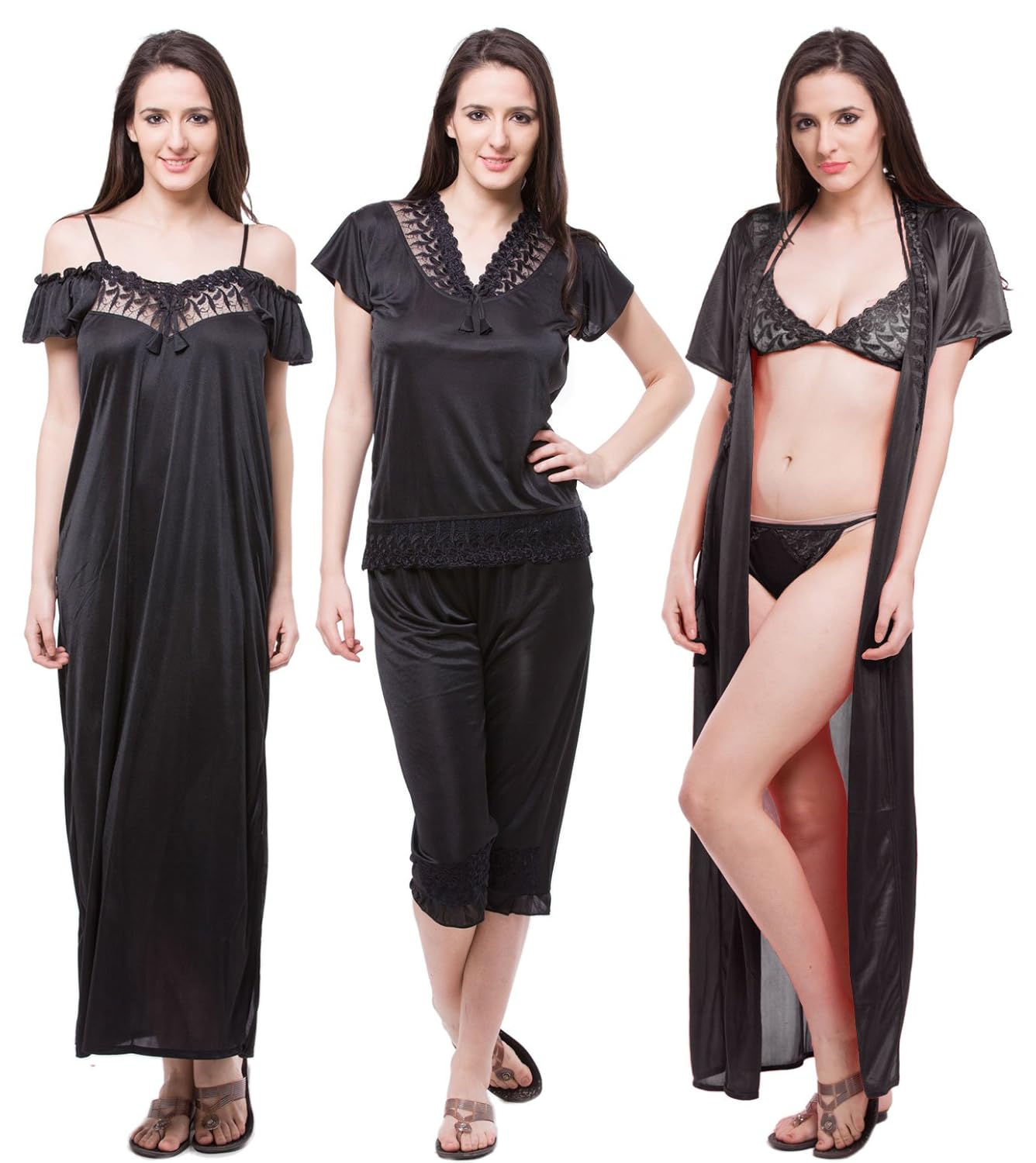 fasense satin nightwear 6 pcs set of nighty robe top capry bra & thong dp115