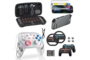 BINBOK VR Switch 2 Accessories Bundle for Nintendo, 16 in 1 Kit: Carrying Case, Hall Effect Joystick Controller, Screen Protector with Auto-Alignment OneTouch, Steering Wheel, Grip for Joycon, Protective Case