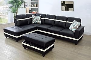 SIENWIEY Black Leather Sectional Couch for Living Room Set,Sectional Sofa L Shape Couch with Storage Ottoman/Black+White Side Faux Leather/Facing Left Chaise