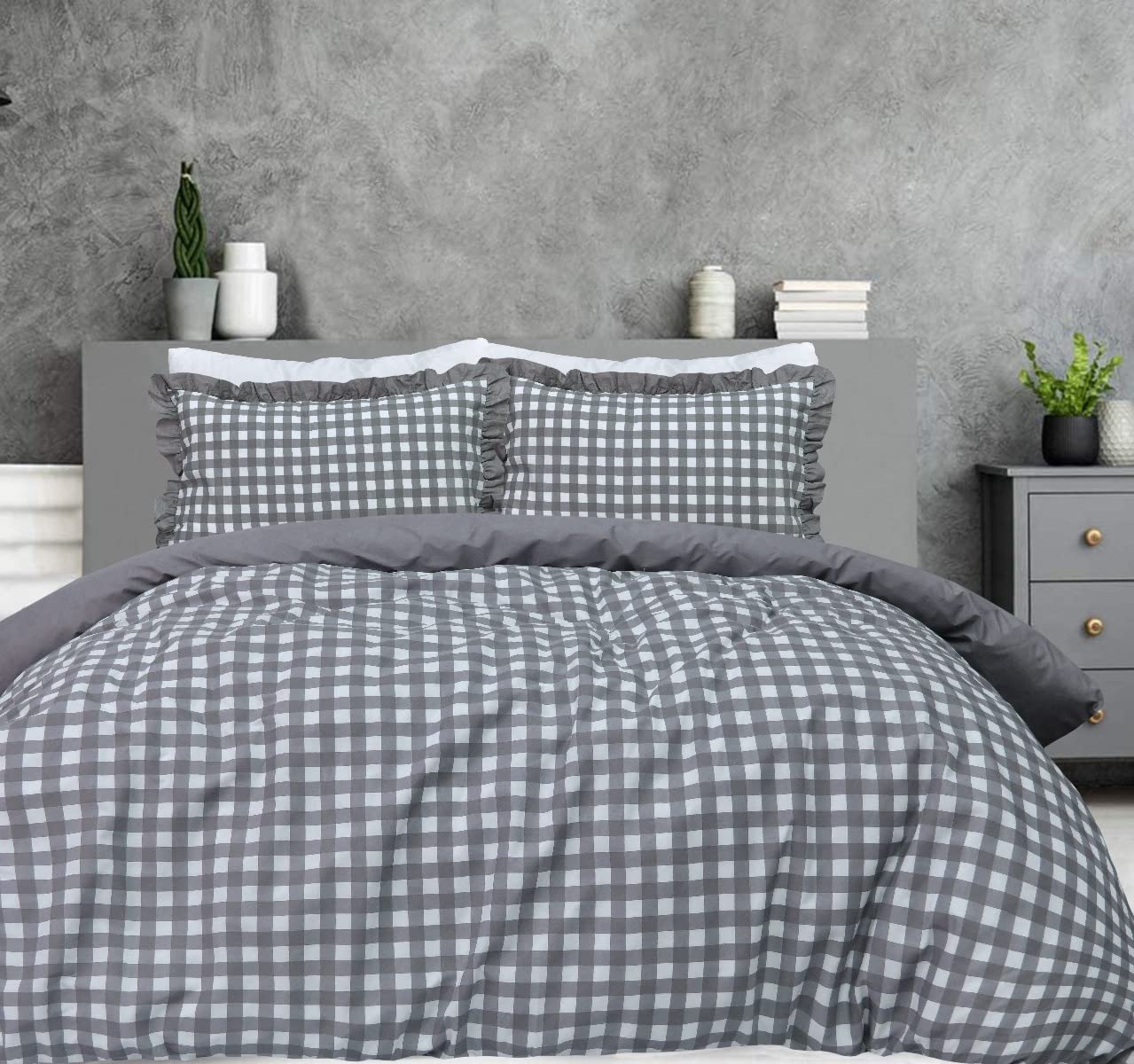 Sleepdown Gingham Check Grey Plain Reverse Soft Easy Care Duvet Cover Quilt Bedding Set With Ruffle Edge Pillowcases -Double (200cm x 200cm)
