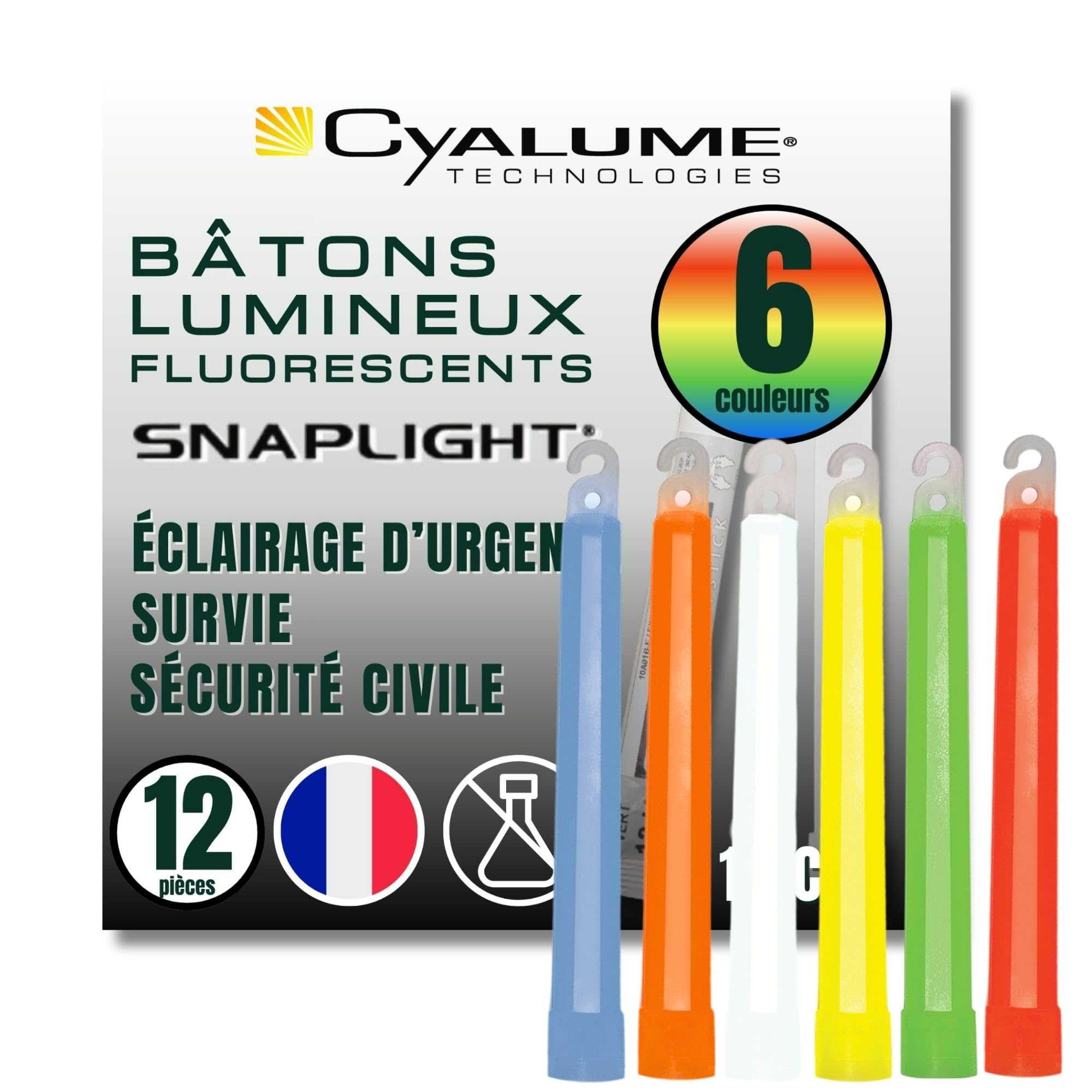 Cyalume SnapLight Pack of 12 Sticks of 6 Colours Green Yellow Red Orange Blue White) 15 cm Luminous Glow Stick Light Stick Fluorescent Lasts 8 and 12 Hours, Military grade, REACH compliant