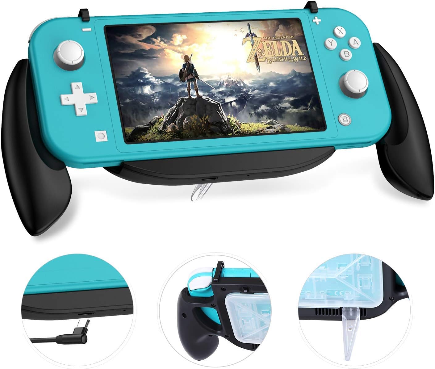 Gaming Grip Case for Nintendo Switch Lite, Charging Grip Case with Game Card Storage Box, Compatible 5V 2A AC Adapter with Type-C Cable for Switch Lite Console, Black