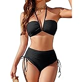 Blooming Jelly Womens High Waisted Bikini Sets Sexy Bandeau Tummy Control Swimsuits Halter Two Piece Ruched Bathing Suit