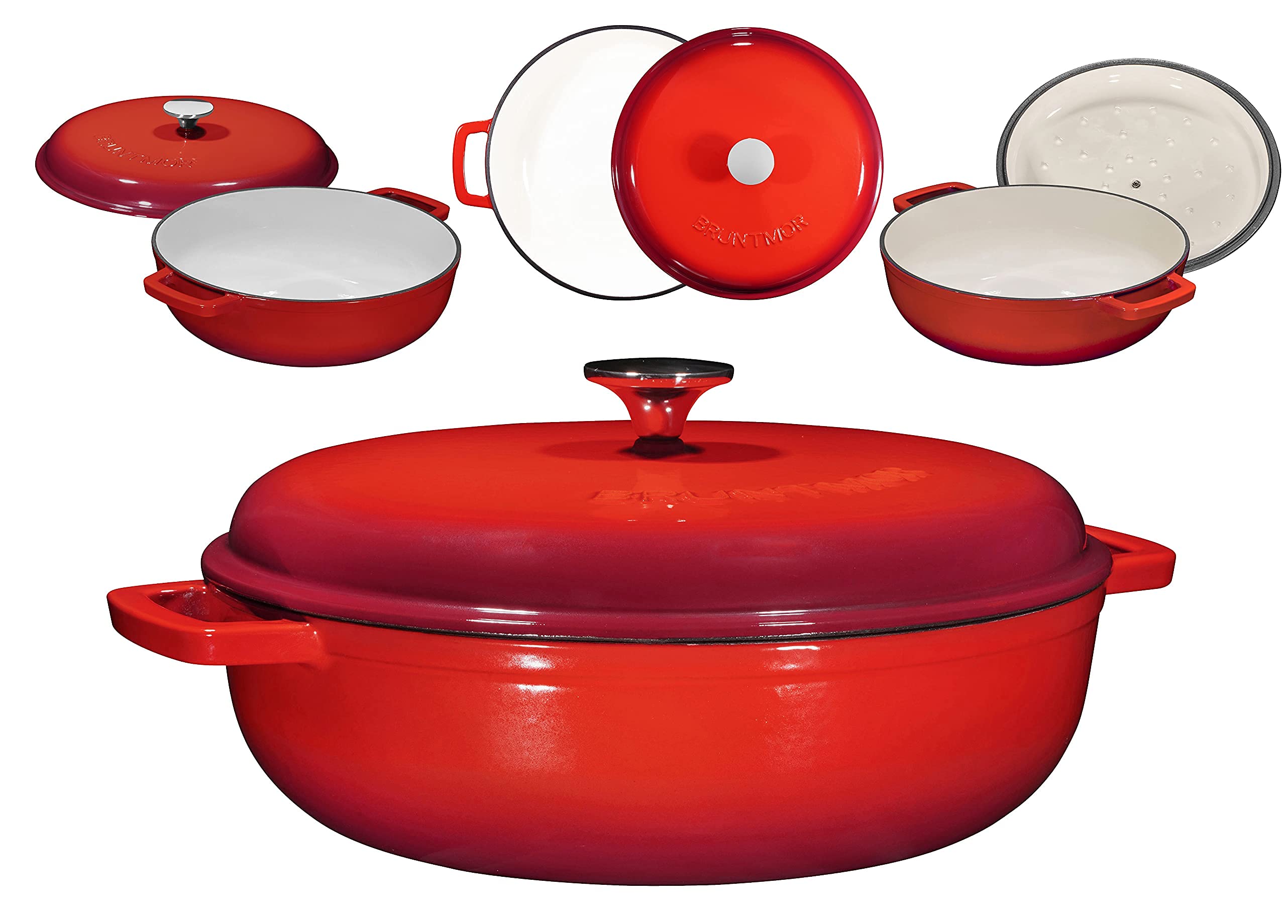 Bruntmor 4.5 Quart Pre-seasoned Enameled Cast Iron Dutch Oven With Dual Handles And Lid, Red Cast Iron Skillet, Shallow Cookware Braising Pan For Cast Iron Casserole Dish, Crock Pot Covered