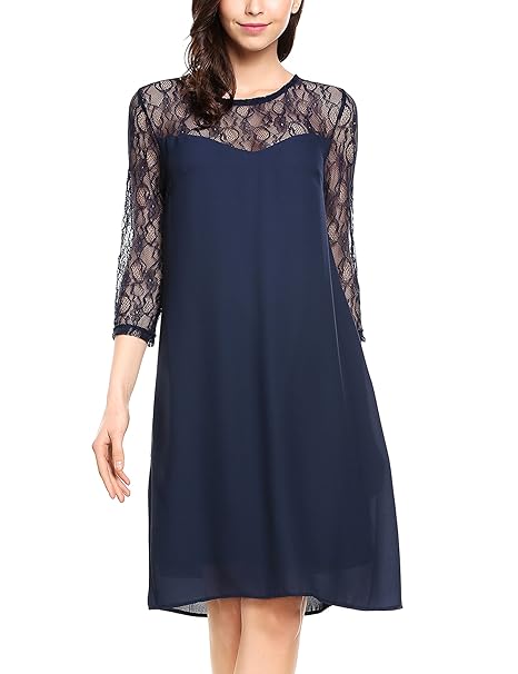 Zeagoo Damen Chiffon Kleid mit Spitzen Elegant Cocktail Party Abendkleid Sommerkleider 3/4 Ärmel A Linie Knielang