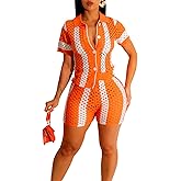 ZERMOM Women's Hollow Out Lapel Knit Set Short Sleeve 2 Piece Outfits Sweater Shorts Set Color Matching Set