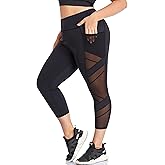 WE CUFFLLE Women's Plus Size Leggings High Waisted Yoga Pants with Pockets Mesh Workout Leggings Tummy Control Running