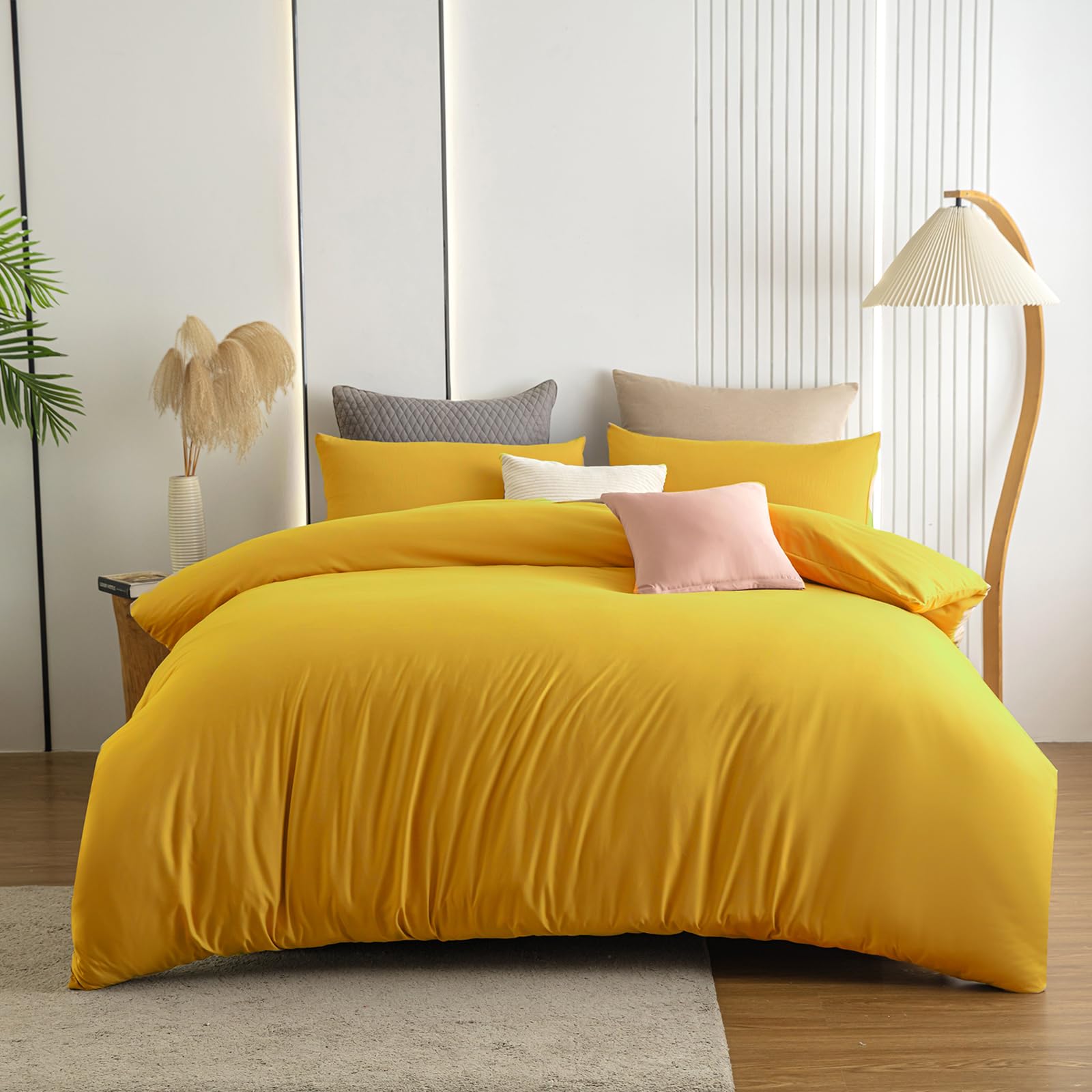 Soifox Double Duvet Cover Set - Yellow Bedding Set Double Bed with Zipper Closure, Soft Microfiber Quilt Cover with 2 Pillowcases