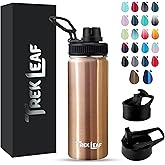 Trek Leaf Travel Water Bottle with 3 Lids (Spout, Straw, Flip) Leak Proof, Quality, Vacuum Insulated, Stainless Steel (Rose Gold, 18 oz)