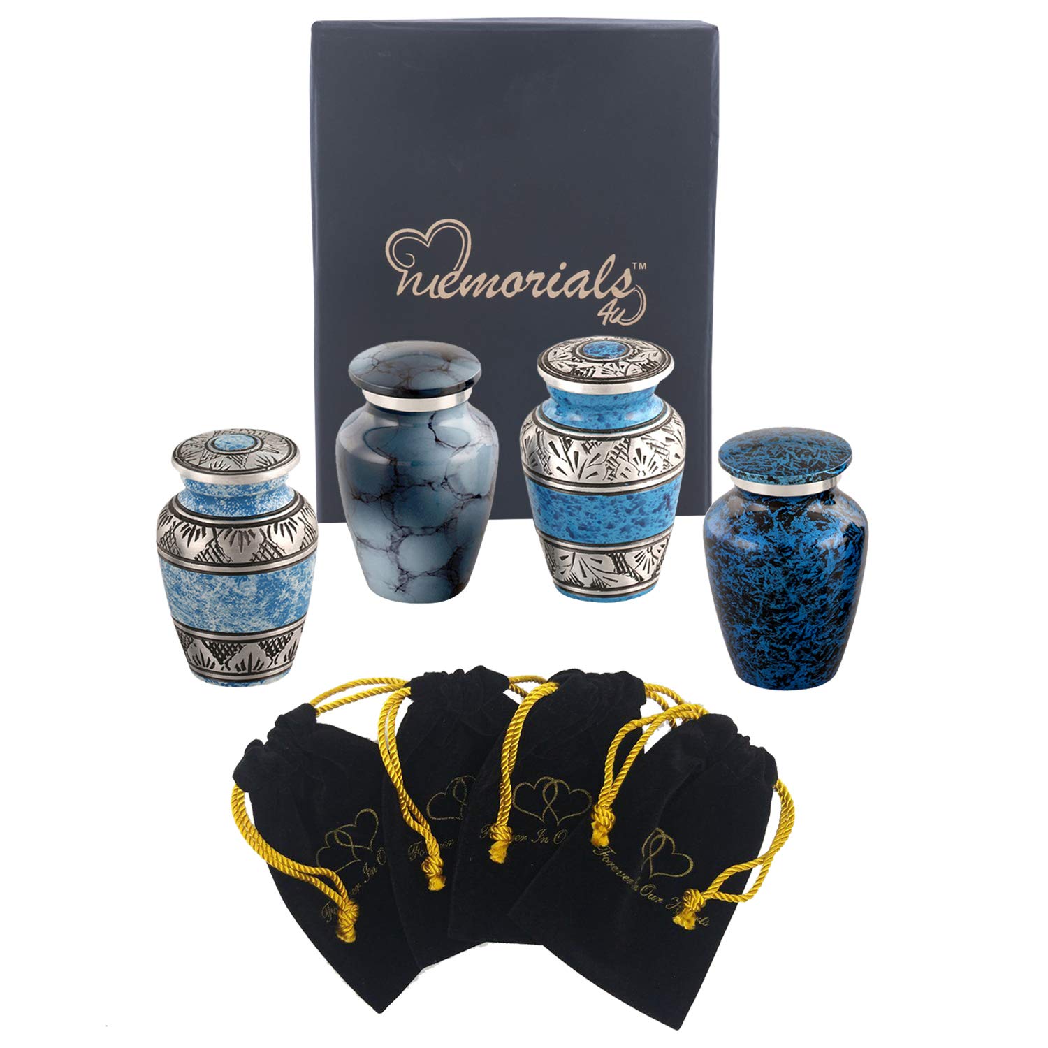 Forever in Our Hearts Classic Keepsake Urns Set of 4 - Beautiful Shades of Mini Keepsakes - Keepsake Urns - Token Urns - Handcrafted & Affordable Mini Urns for Ashes with 4 Velvet Bags (Blue)
