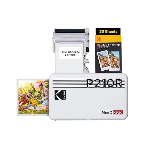KODAK Mini 2 Retro 4PASS Portable Photo Printer (2.1x3.4 inches) Initial 8 Sheets + 60 Sheets Pack Bundle, White