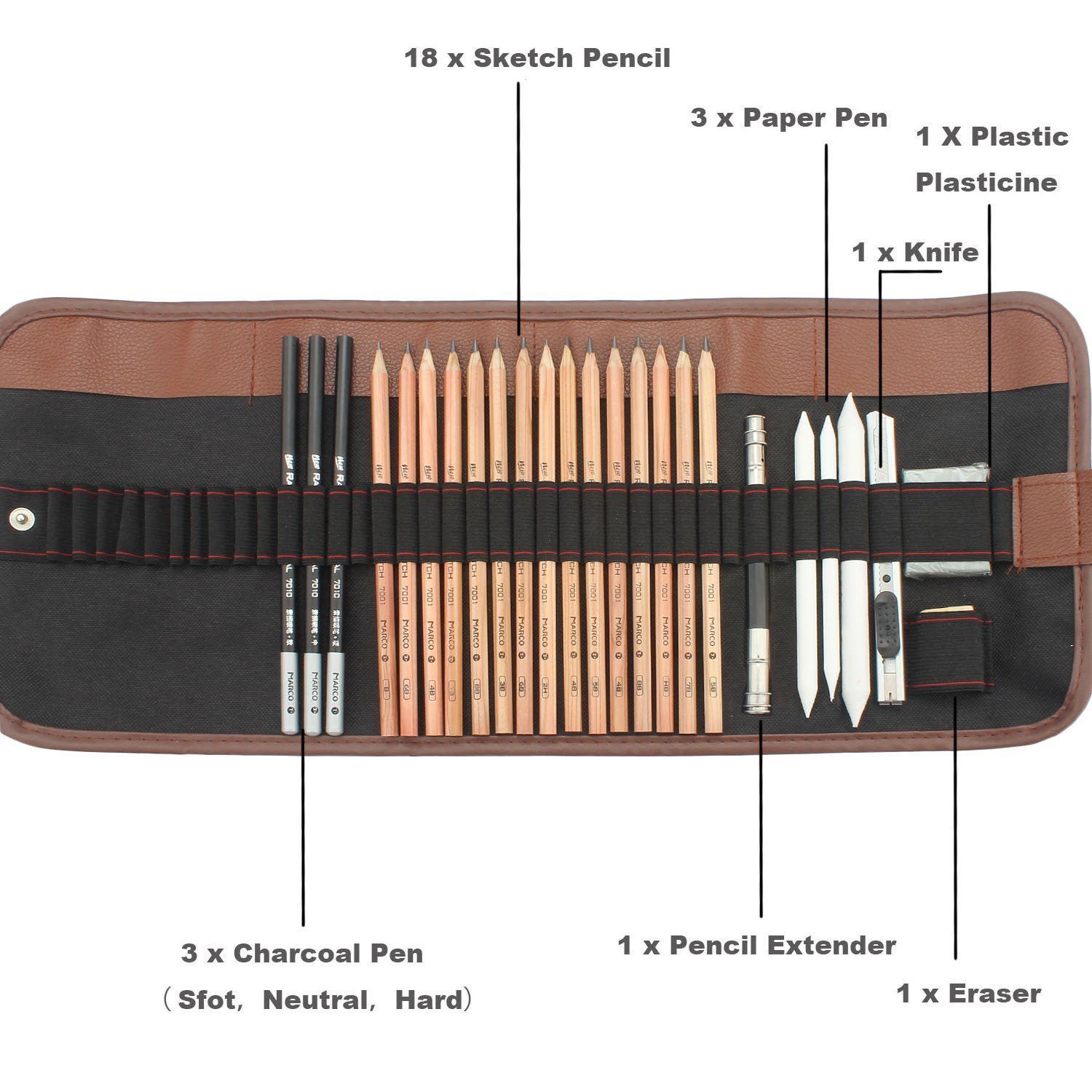 Feelily Künstler 18 Skizze Bleistifte mit Radiergummi Kohlestifte Papierstifte Bleistifthalter Schneidemesser für Anfänger Skizzierung Zeichnen Malerei, Kunst Zeichnen Stifte im  Mäppchen, Schwarz