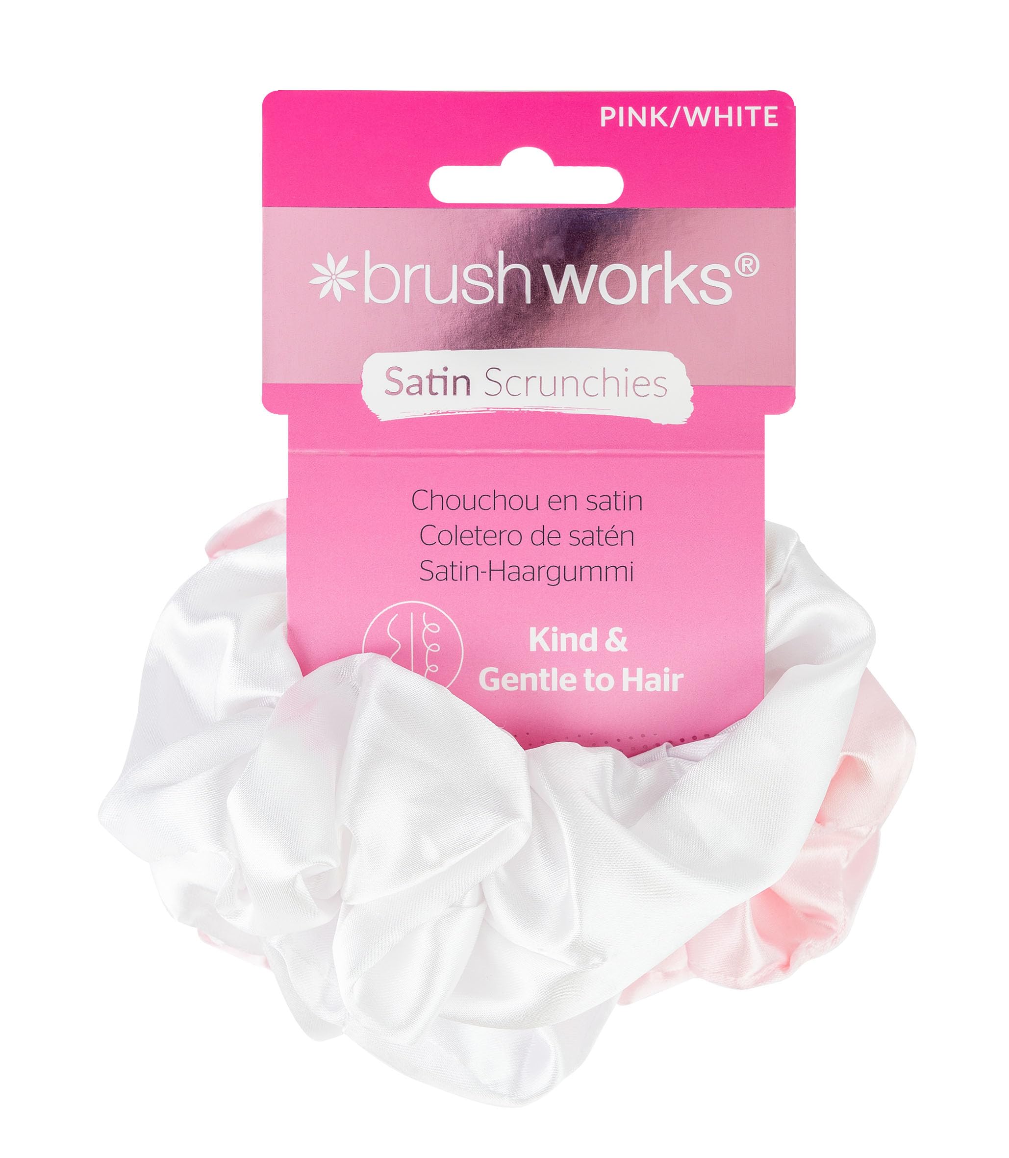 Brushworks Pink & White Satin Hair Scrunchies – 4 Pack Soft Satin Hair Bands for Ponytails, Buns & Everyday Styling, Smooth & Comfortable, Gentle on Hair