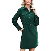 Women’s Corduroy Shirt Dress Long Sleeve Button Down Lapel Collar Midi Shift Tunic Dress with Pockets
