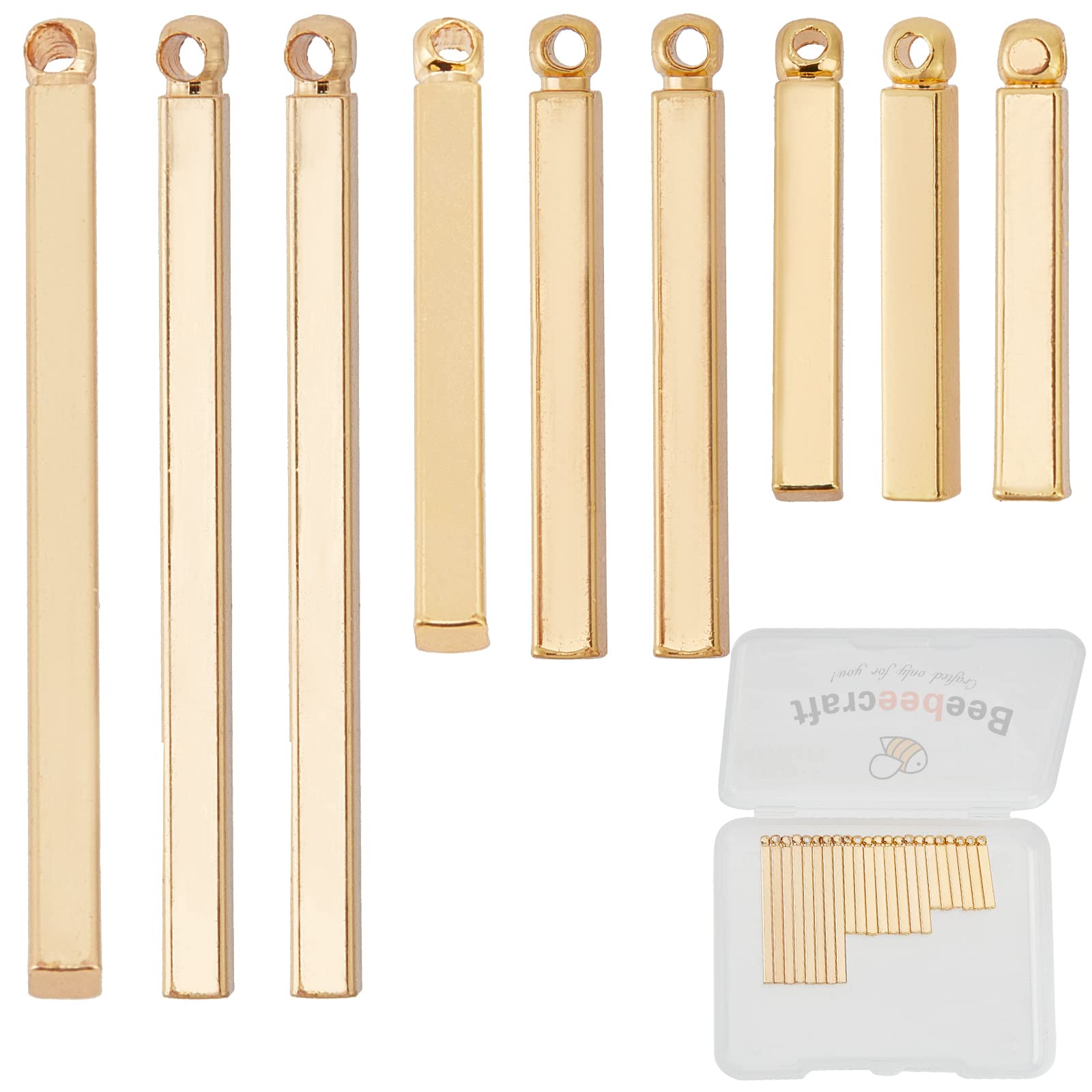 Beebeecraft 1 Box 30Pcs 3 Size 18K Gold Plated Vertical Bar Charms Pole Stick Jewelry Making Findings for DIY Necklace Bracelets Earrings