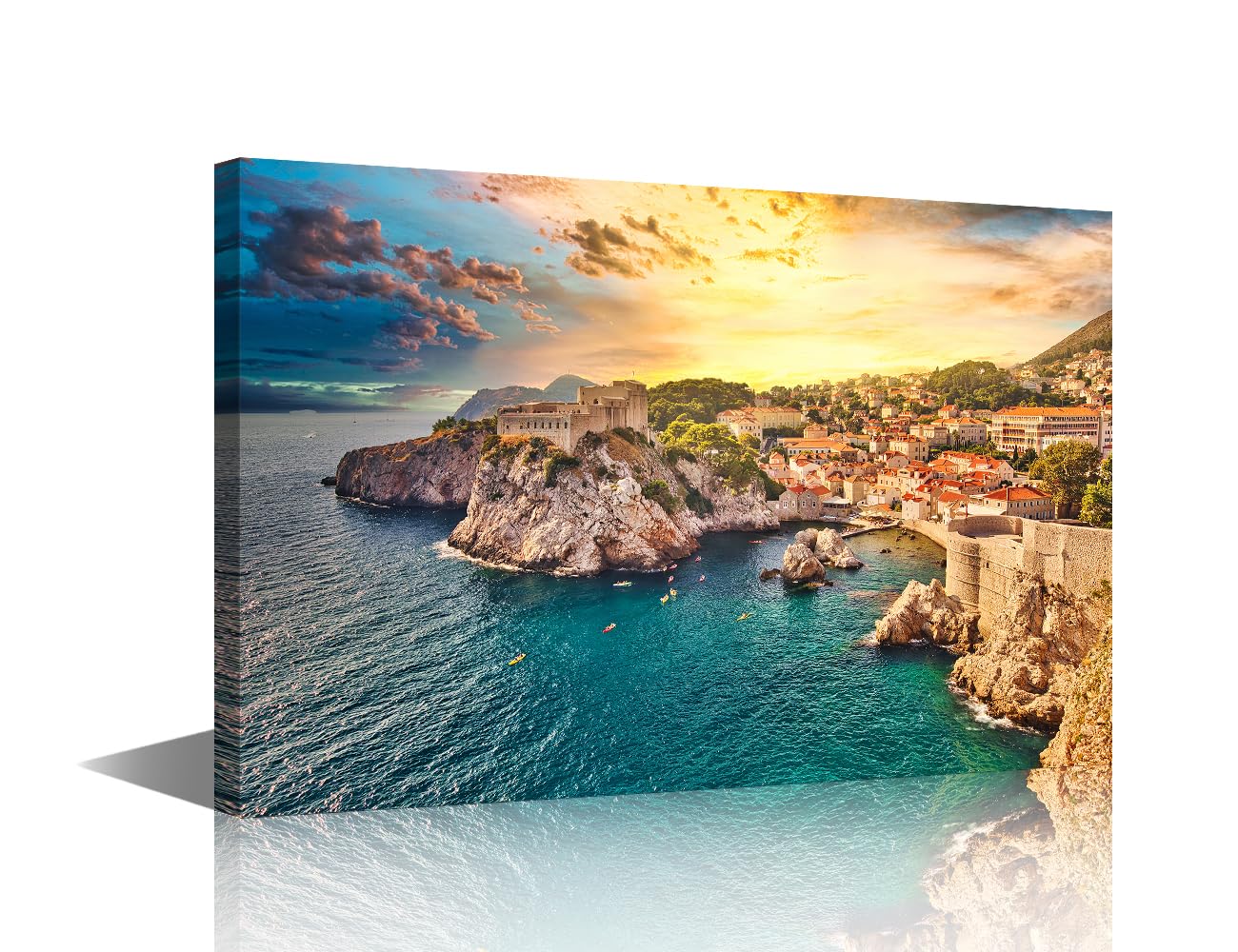 Dubrovnik Skyline Wall Art Croatia Cityscape at Sunset Pictures Print On Canvas Seaside Modern Artwork Europe City Wall Art for Living Room Office Giclee and Prints Framed Ready to Hang, 24x16in