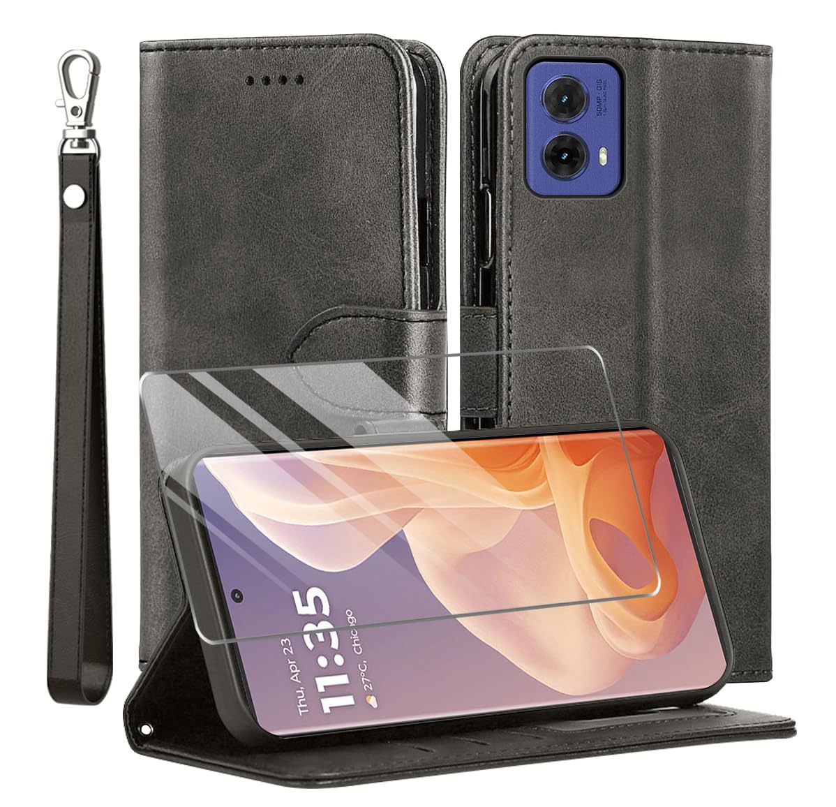 for Motorola Moto G85 5G Case and 1 Tempered Glass Screen Protector, Leather Wallet Phone Case with Card Slots Magnetic Closure Kickstand Protective Cover for Motorola Moto G85 5G - Black