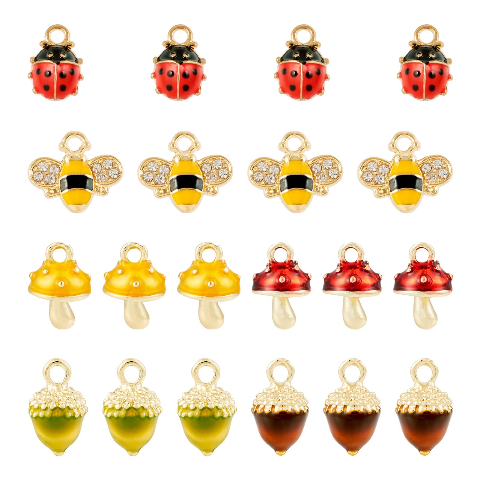 Crafans 24Pcs Pine Cone & Mushroom & Bee Enamel Charm Golden Frame Ladybug Cute Dangle Charms for DIY Necklace Earring Keychains Jewelry Making