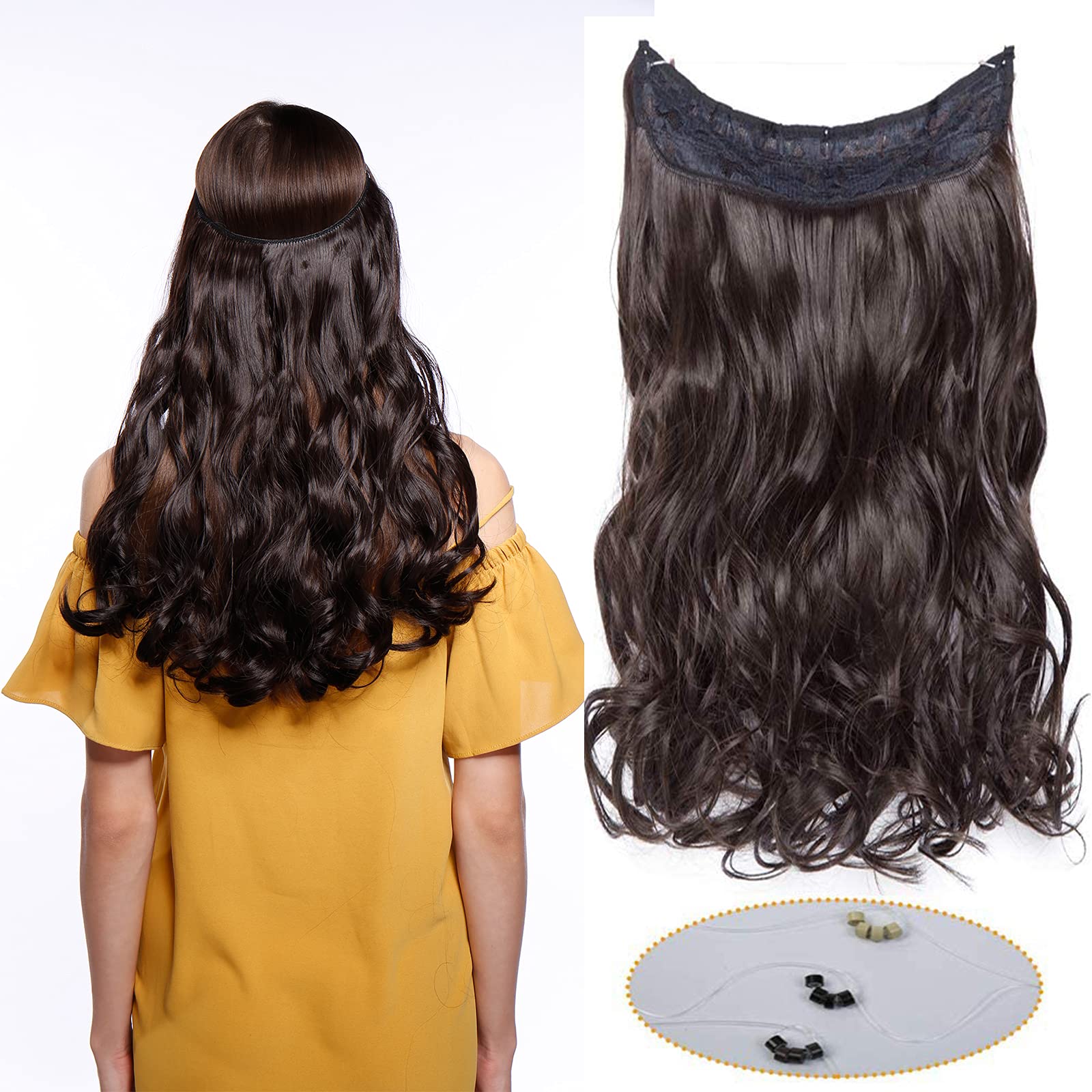 16inch Long Curly Hairpiece Wire in Hair Extensions No Clip Synthetic Hair Wire String （Deep Brown）