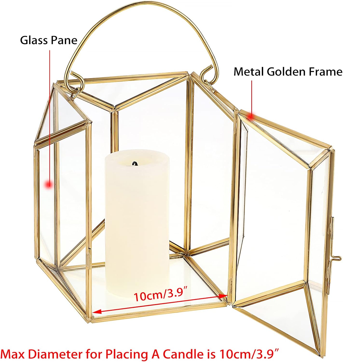 OwnMy Decorative Hurricane Candle Holder Gold Candle Stand Geometric Candle Lantern Metal Pillar Candle Stand with Handle, Glass Terrarium Vase Candlestick Holder for Wedding Table Centerpiece, Medium: Kitchen & Dining