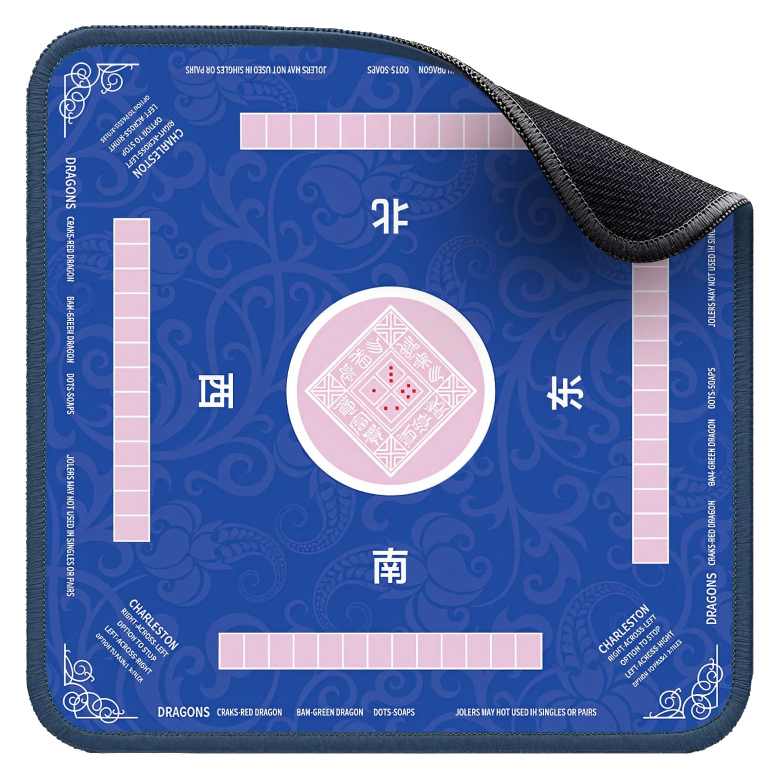 Photo 1 of Mahjong Table Mat for Games, Noise-Reducing Non-Slip Rubber Mat, 70*70 cm, Blue, with Pink Corner Markings and Direction Indicators, Ideal for Mahjong, Card, and Board Games