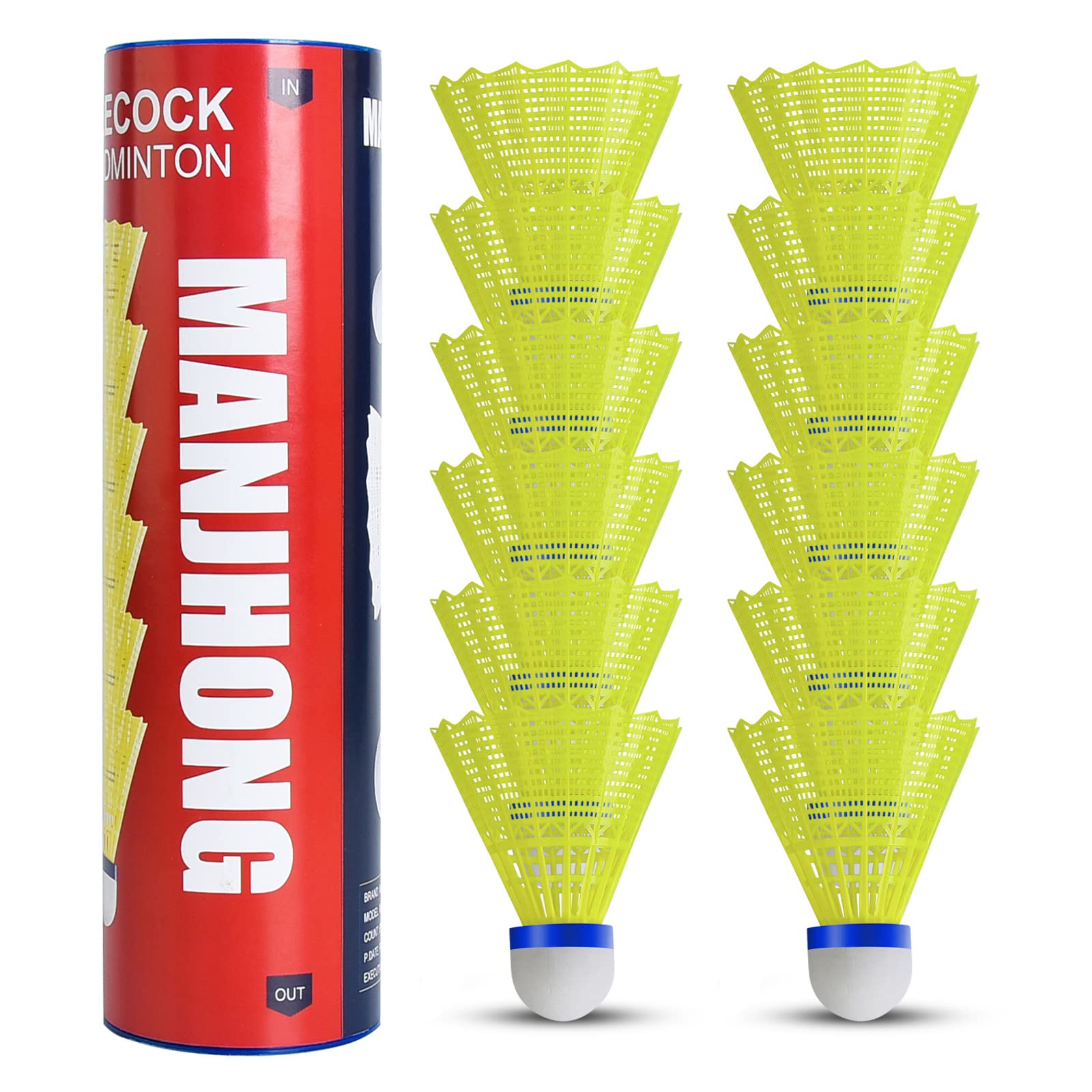 MANJHONG Nylon Badminton Shuttlecocks, Great Flight & Balance, Durable Shuttlecocks for Indoor Outdoor Sports Playing, Yellow 12 Pack