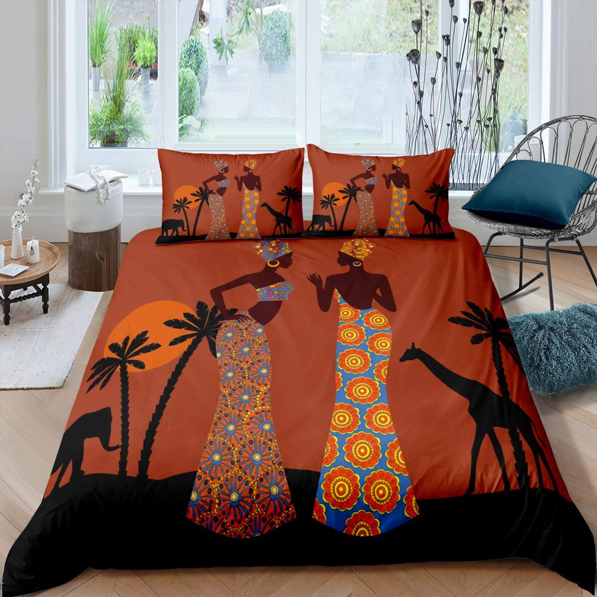 African Woman Themed Duvet Cover Brown African Pattern Single Bedding Set Ethnic Afro Giraffe Comforter Cover for Women Adults Room Decor Black Palm Tree Print Bedspread Cover With 1 Pillow Case