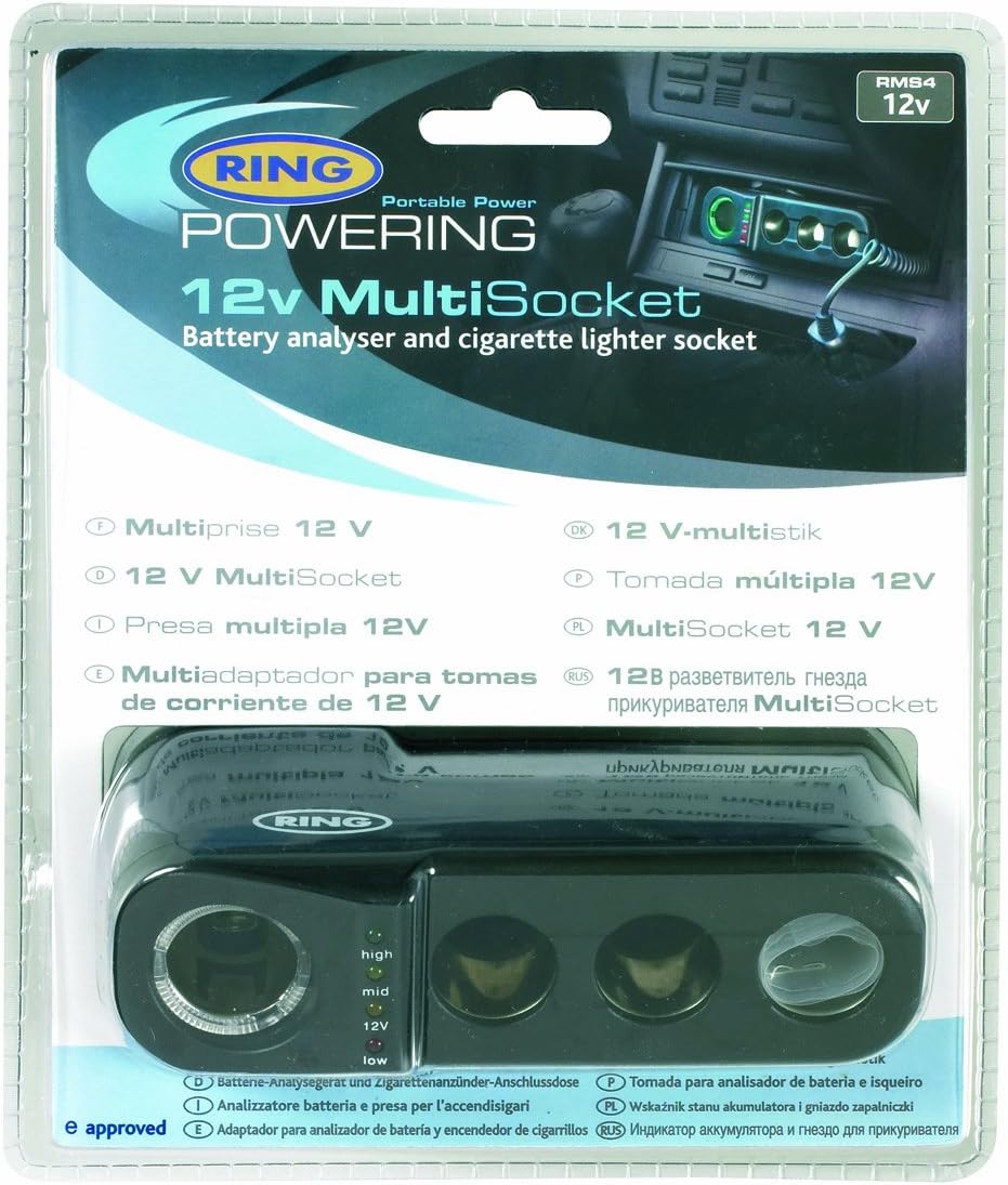 RING Quadruple Multi Socket Car Adaptor With Battery Analyser, Black, 4 Sockets - Image 3