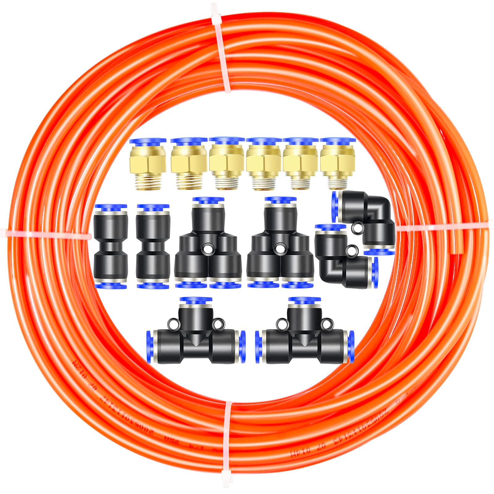 ERGAOBOY Polyurethane PU Air Hose Pipe Tube Kit, 6mm OD x 4mm ID with 14 Connector Kits (Orange, 10M)