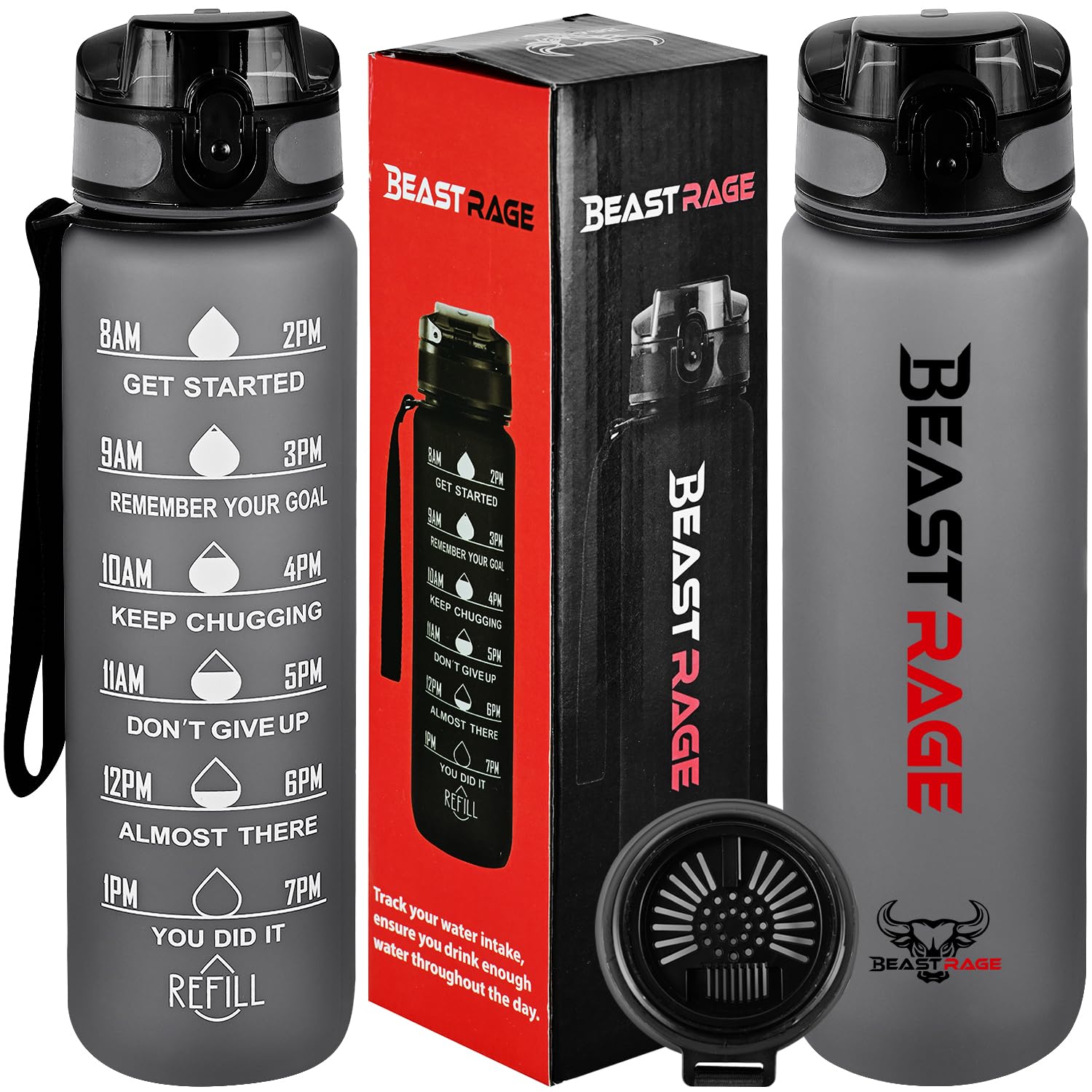 BEAST RAGE Water Bottle 1Liter, Leak Proof Sports Water Bottle, Drinks Bottle with Time Marking,BPA Free Tritan Plastic Bottle for Adults,Sports, Gym,Fitness, Outdoor, Cycling, School & Office
