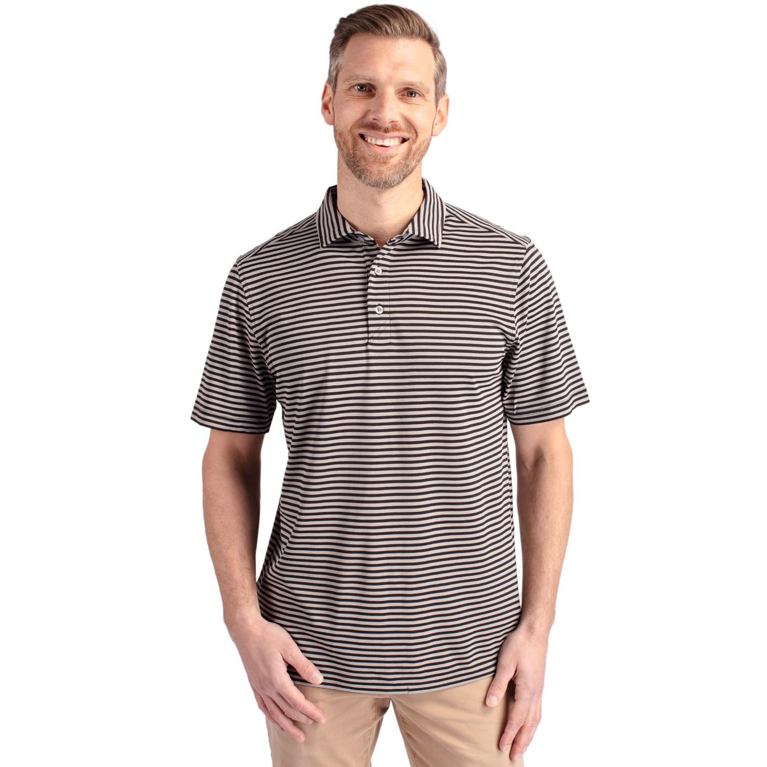 Cutter & Buck Virtue Eco Pique Stripe Recycled Mens Big and Tall Short Sleeve Polo, Black, 2X Big