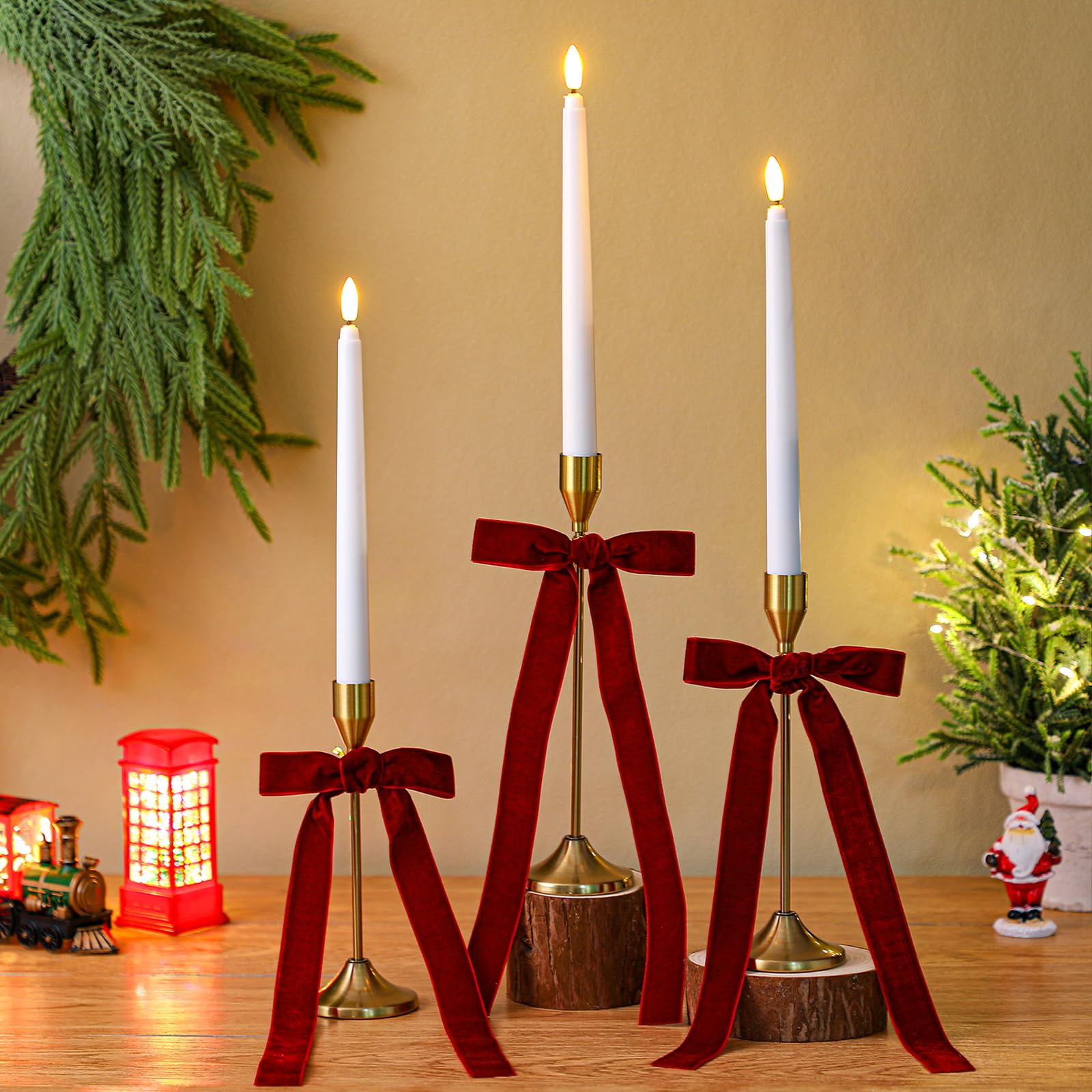 Photo 1 of ***Candle holders missing***Amyhill 3 Sets Christmas Candle Stick Holders with LED Candle and Velvet Red Bows Metal Gold Xmas Taper Holders Modern Decorative Centerpiece for Xmas Table Mantel Wedding Housewarming Gift
