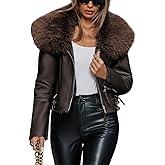 Bellivera Women's Faux Leather Jacket Moto Biker Sherpa-Lined Coat with Removable Fur Collar
