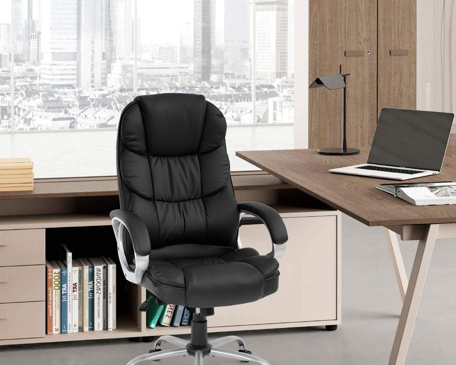 Office Chair Computer High Back Adjustable Ergonomic Desk Chair Executive PU Leather Swivel Task Chair with Armrests Lumbar Support (Black): Furniture & Decor
