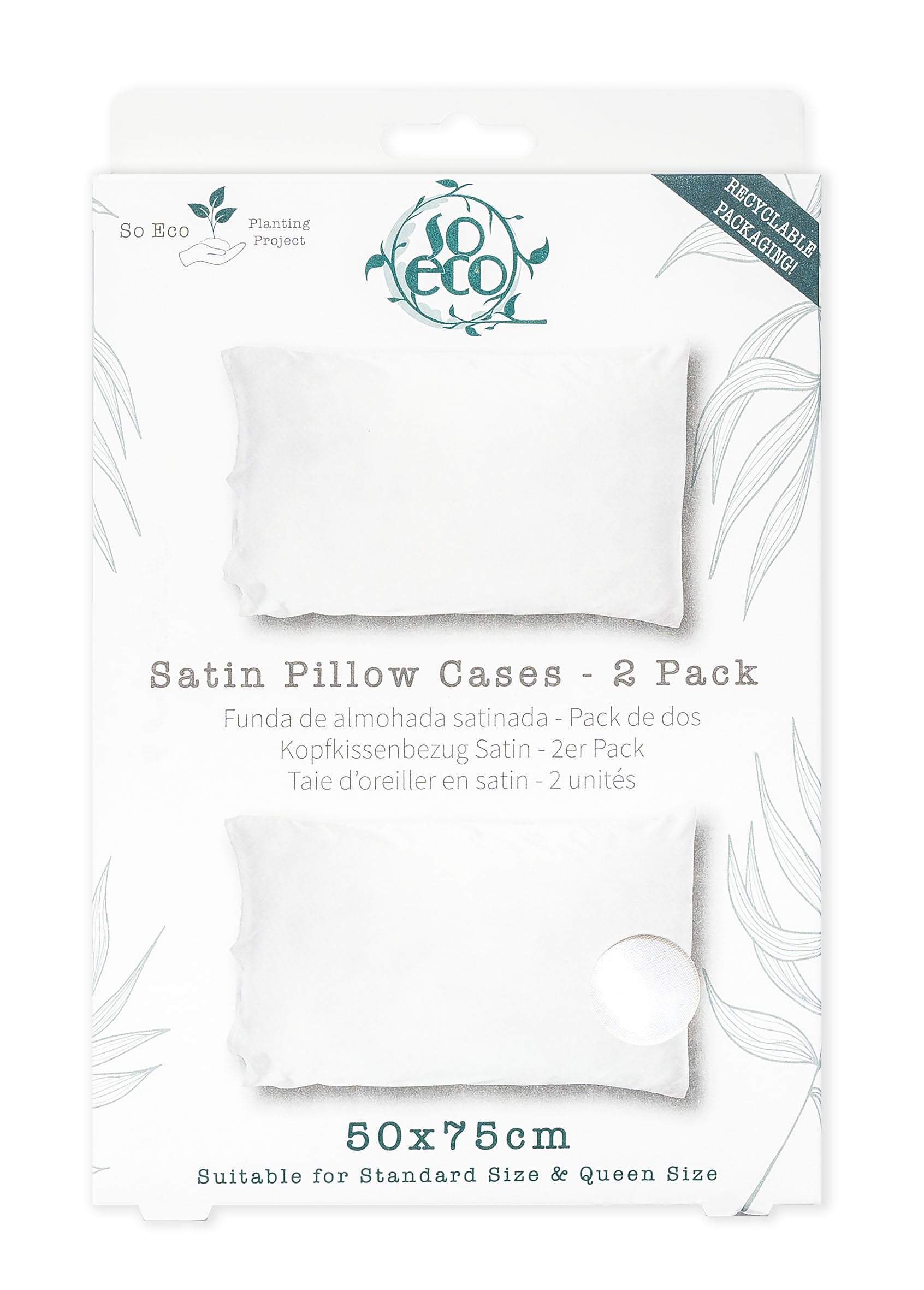 So Eco Satin Pillow Cases (2-Pack) – Standard/Queen Luxury Silky Pillowcase Set for Hair & Skin, Cooling, Breathable & Gentle, Plastic-Free Packaging