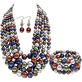 We We Faux Large Pearl Necklace for Women Five Multi Strand Pearls Necklace Bracelet Earrings set Big Pearl Bib Choker Necklaces 1920s Costume Jewelry Set (dark colored pearl)